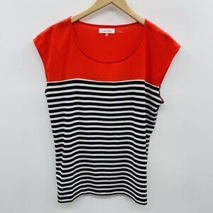 Calvin Klein Womens Size Large Striped Colorblock Short Sleeve Top in Red 440